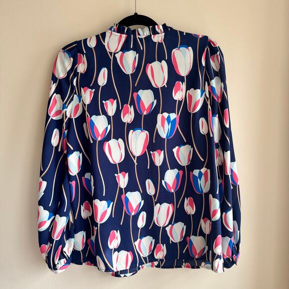 Talbots Tulips Ruffle Trim Popover Top Blue Button Front Long Sleeve Sz M - Picture 4 of 8